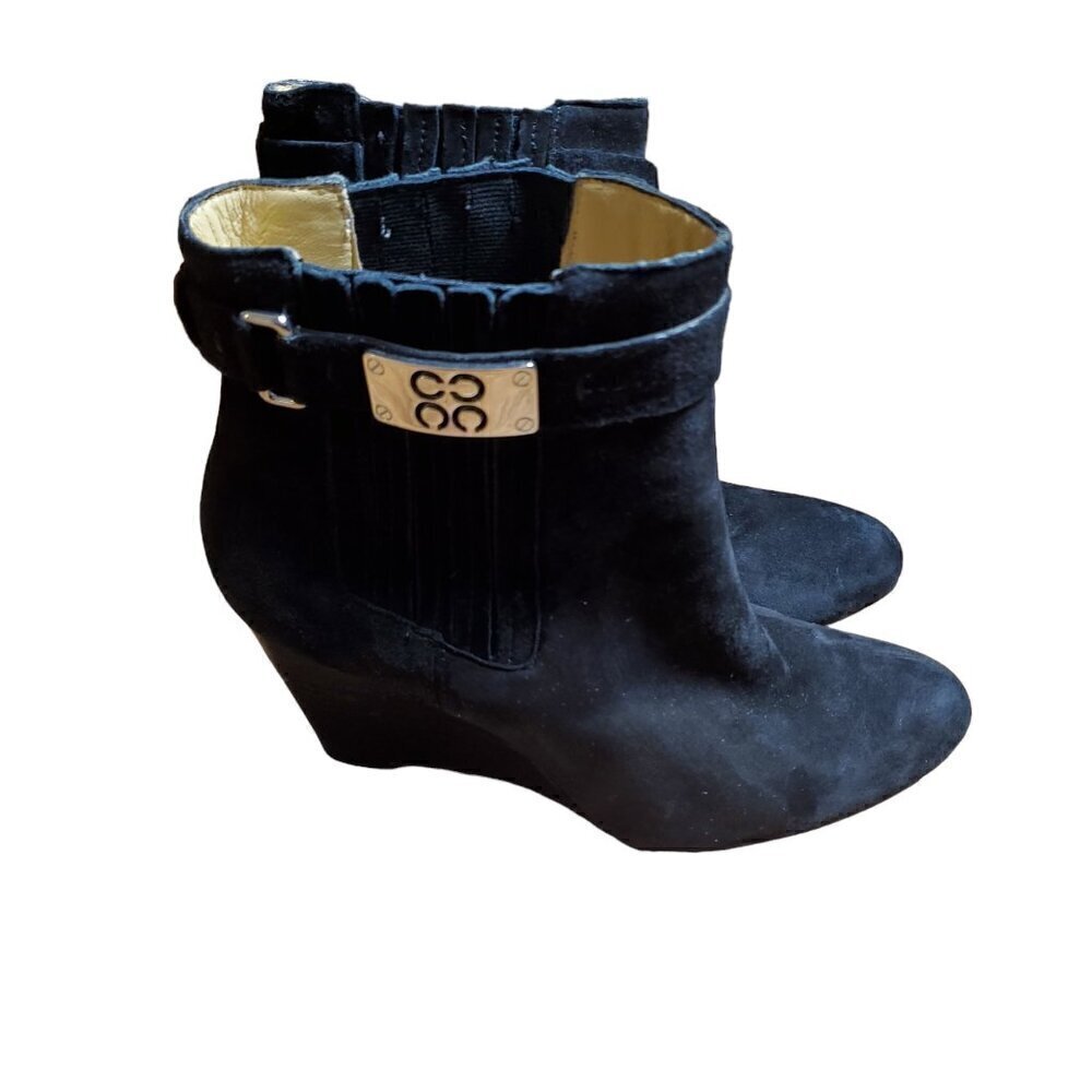 Coach Letty Suede Ankle Wedge Heel Boots Bootie Metal Logo Black Womens 7.5 B